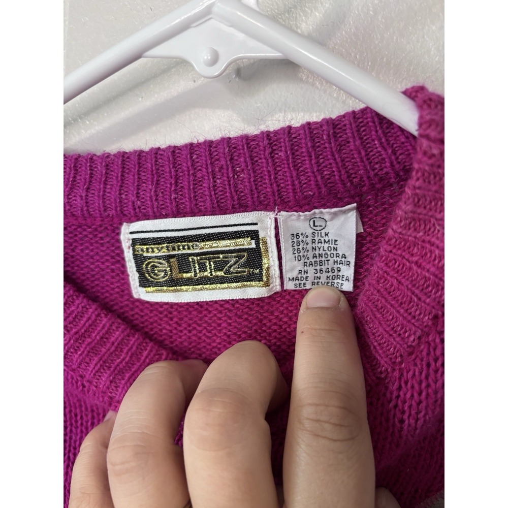Anytime Glitz Vintage 80s 90s Women's Sweater Magenta Knit Large Silk Blend Bead - Picture 6 of 7